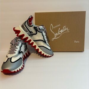 NEW Christian Louboutin Silver, Black, Red Sharkina Sneakers | 39.5